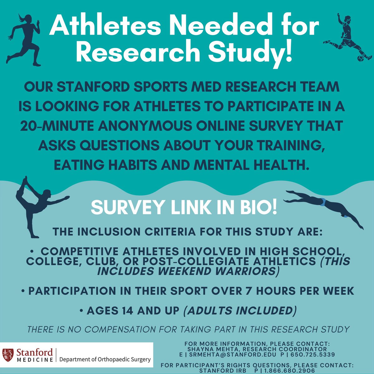 Emily Kraus, MD (@emilykrausmd) on Twitter photo 📣Attention athletes! We're conducting a Stanford-approved study exploring the relationship b/w mental health, nutrition, & injury risk in athletes. If you're a HS, collegiate, club, or post-collegiate athlete, please consider completing/sharing the survey stanforduniversity.qualtrics.com/jfe/form/SV_42… 📣Attention athletes! We're conducting a Stanford-approved study exploring the relationship b/w mental health, nutrition, & injury risk in athletes. If you're a HS, collegiate, club, or post-collegiate athlete, please consider completing/sharing the survey stanforduniversity.qualtrics.com/jfe/form/SV_42…