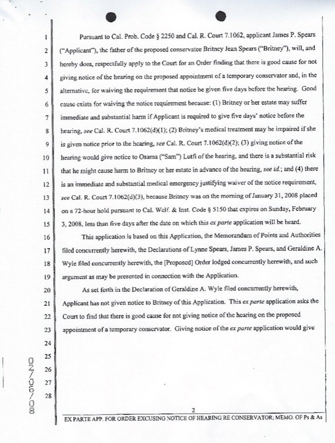 Next day, James’ attorney Geraldine Wyle filed an order to waive the 5 day notice requirement. Conservatees are legally entitled to 5 days notice before a court hearing. James & Wyle said if Britney was given notice her estate & medical treatment would suffer.