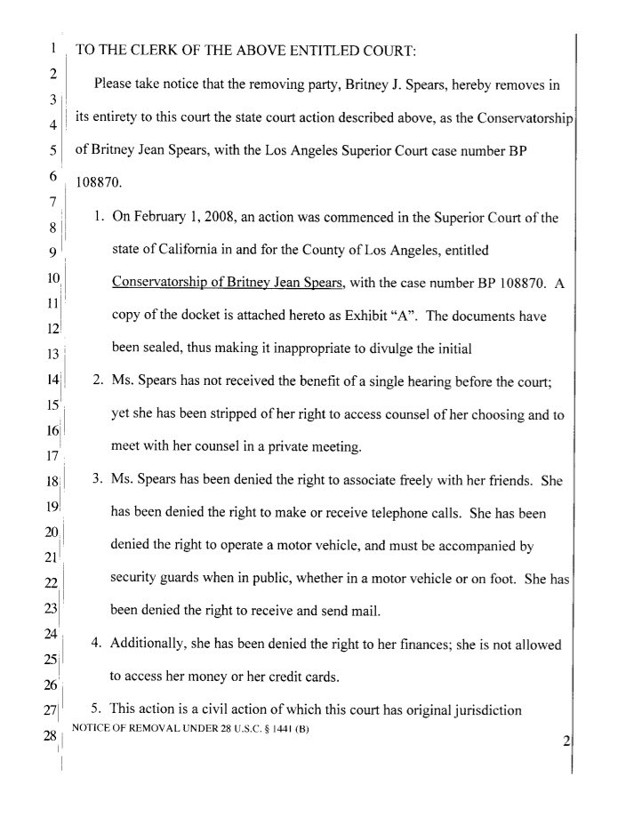On February 14, 2008--Eardley filed a civil action to send Britney's case to the US District Court, as he felt it would have a better chance at a fair trial, for what he saw as a civil rights case. He said Britney was denied her money, her friends, and counsel of her choosing.