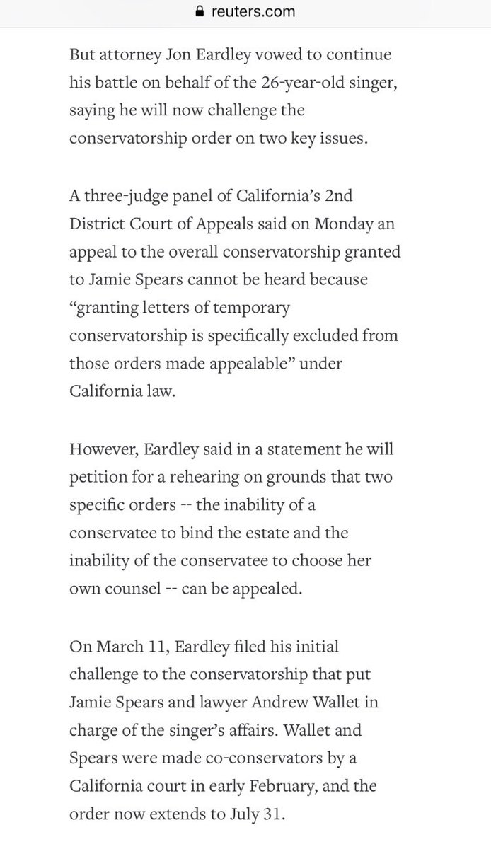 March 2008 Eardley continued to challenge the conservatorship. A three judge panel dismissed Eardley's appeal based on temporary conservatorships being excluded from appeals. It was made clear if Eardley continued to file against the conservatorship, it would warrant sanctions.