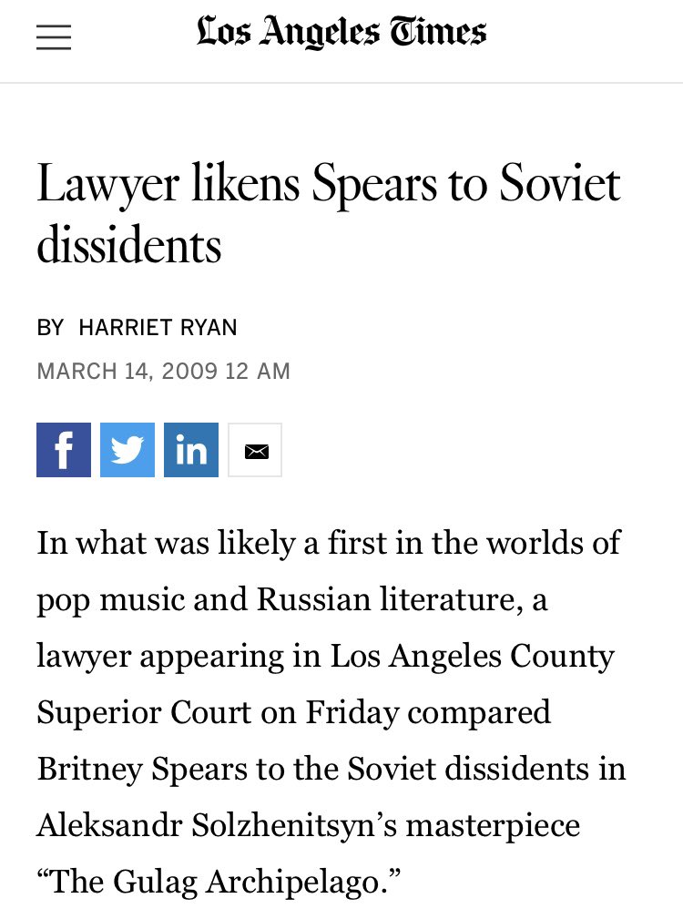 March 2009 Eardley likened Brit’s cship to Soviet dissidents in the book, "The Gulag Archipelago” & the noted parallels between Britney and the forced laborers of the work camps. He went on to say, "It is worth noting that there has not even been a ‘show trial’ for Ms. Spears."
