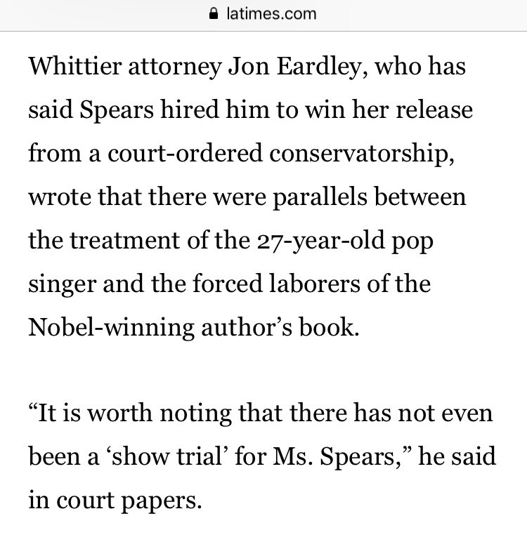 March 2009 Eardley likened Brit’s cship to Soviet dissidents in the book, "The Gulag Archipelago” & the noted parallels between Britney and the forced laborers of the work camps. He went on to say, "It is worth noting that there has not even been a ‘show trial’ for Ms. Spears."