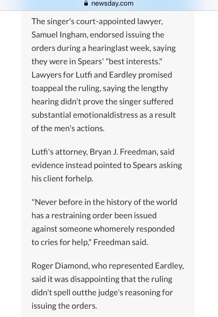 April 2009 a 3 year restraining order was issued against Eardley (& Lufti) by Judge Aviva K Bobb. Lufti's atty said, "Never before in the history of the world has a restraining order been issued against someone who merely responded to cries for help." Eardley stopped after this.