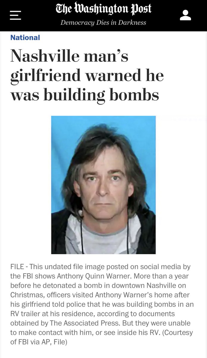 The Nashville bomber’s girlfriend warned he was building bombs a year ago. The police investigated, & checked with  @ATFHQ  @FBI:  https://www.washingtonpost.com/national/nashville-bombers-girlfriend-warned-he-was-building-bombs/2020/12/30/c7b54228-4a81-11eb-97b6-4eb9f72ff46b_story.htmlDoes this story end differently if federal law enforcement’s threat model had prioritized radicalized white violent extremists?