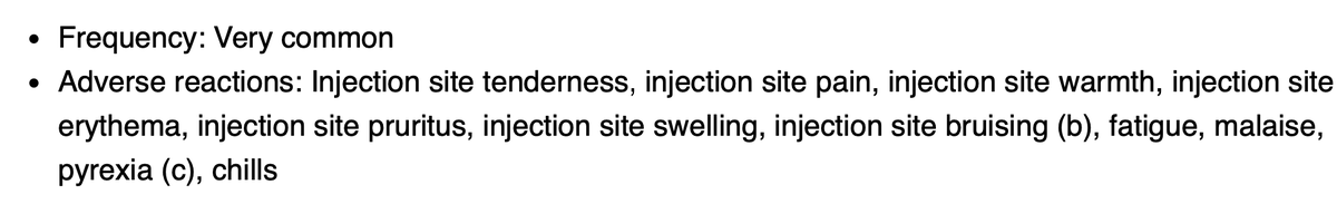 8. Last point: Like the Pfizer & Moderna vaccines, this is reactogenic. Short term discomfort is common. Headache, muscle aches, nausea, fatigue, chills & injection site pain each reported by at least 1 in 10 people vaccinated. Vomiting & fever were reported by at least 1 in 100.