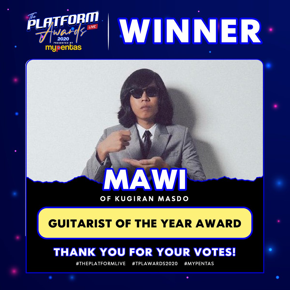 Congratulations to Mawi of <a href="/KugiranMasdo/">MASDO!</a> for winning this years #GuitaristOfTheYear award! #TPLAwards2020 #MyPentas #ThePlatformLive