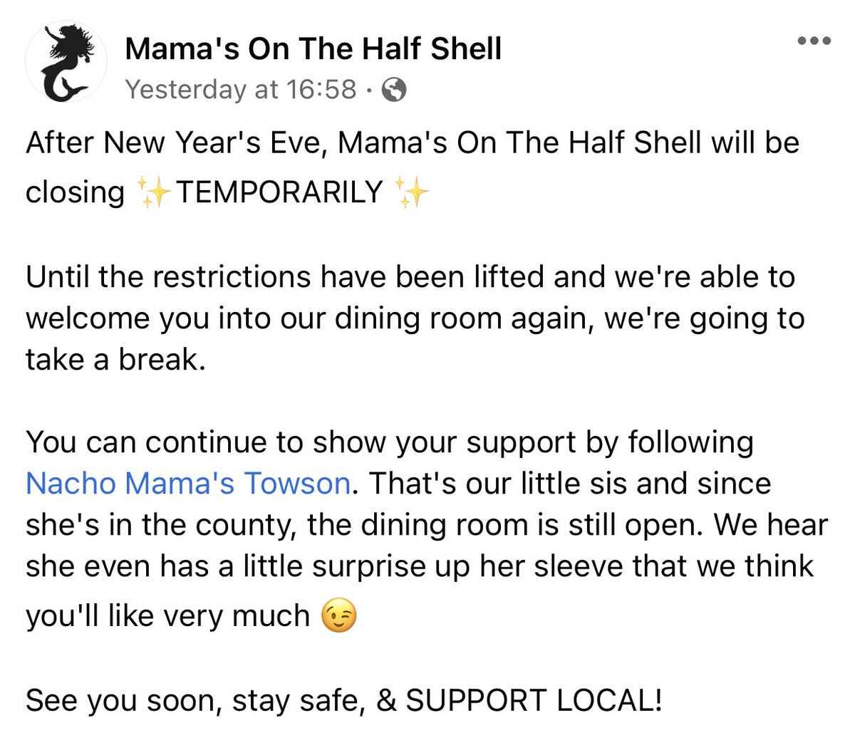 2 more iconic Baltimore eateries, Mt. Washington Tavern &amp; Mama’s, are now forced to close their doors. More citizens now out of work, while the rest of the state remains open for business. Once again, politicians have failed those they promised to serve.

Many more will follow.