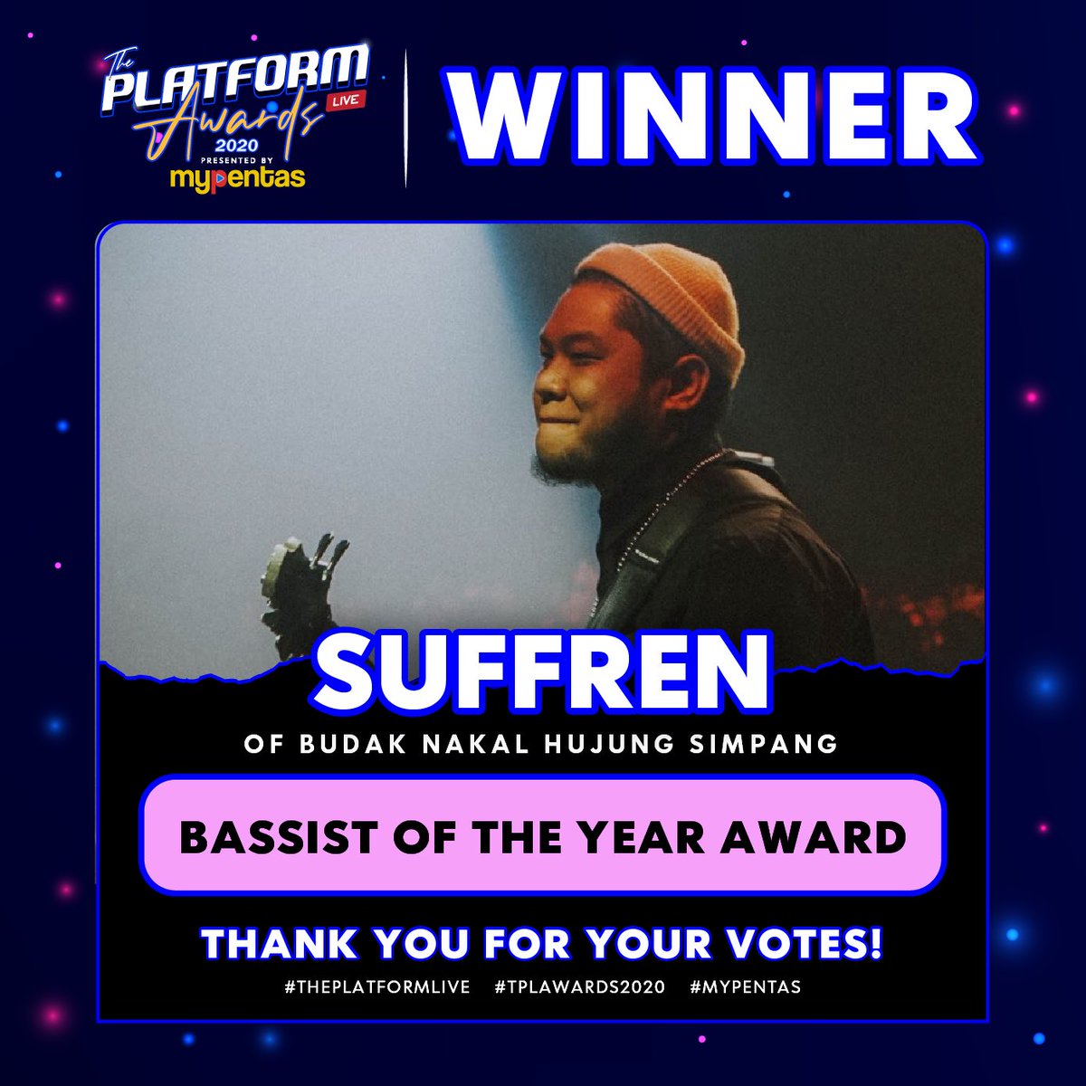Congratulations to Suffren of <a href="/bnhsofficial/">Budak Nakal Hujung Simpang</a> for winning this years #BassistOfTheYear award! #TPLAwards2020 #MyPentas #ThePlatformLive