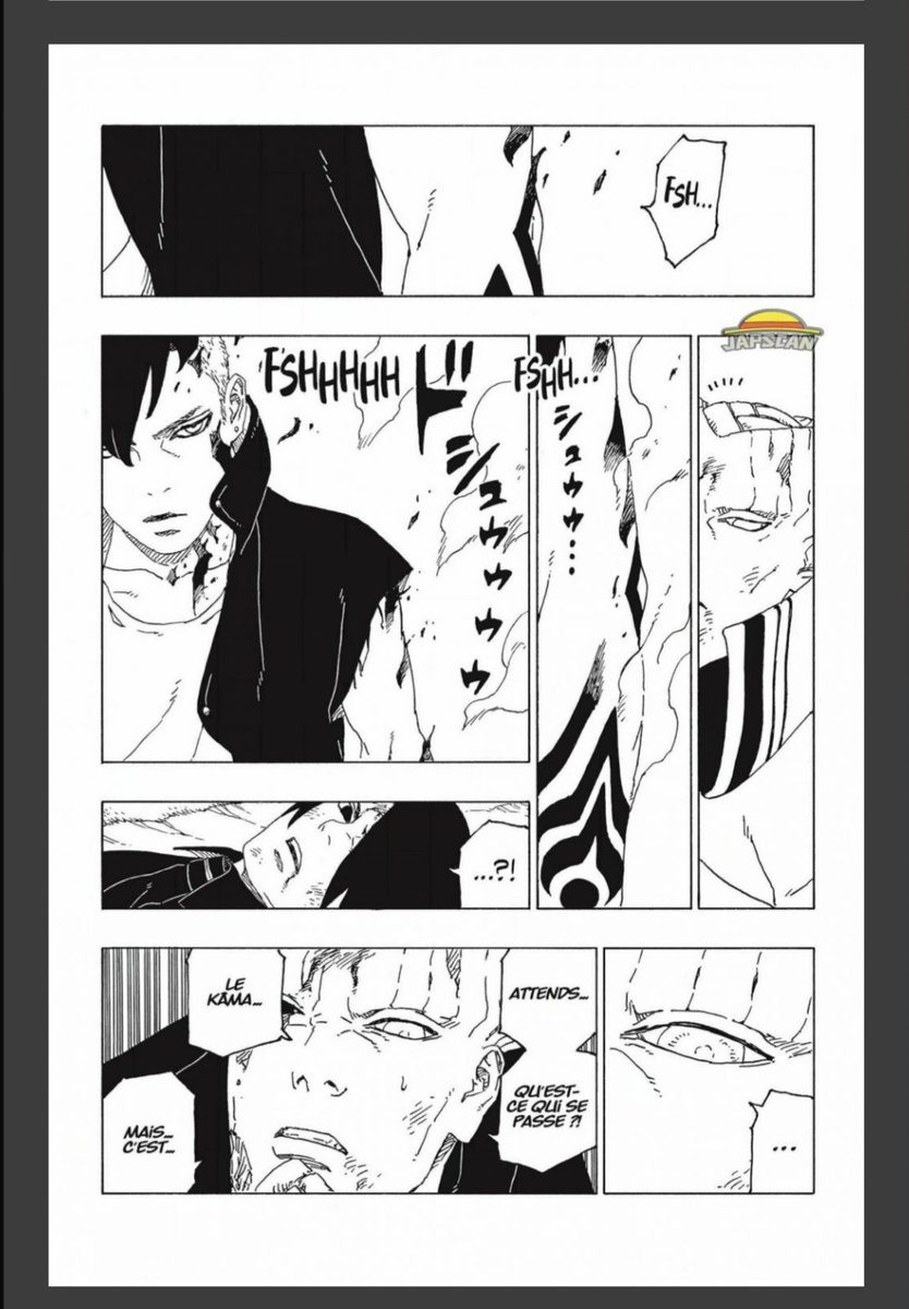 Comme on a pu le voir lors du chapitre 53, Isshiki a réussi à poser un kama sur Kawaki. Mais il s'agissait en fait d'un clone. De fait le kama a disparu du corps de ce dernier.