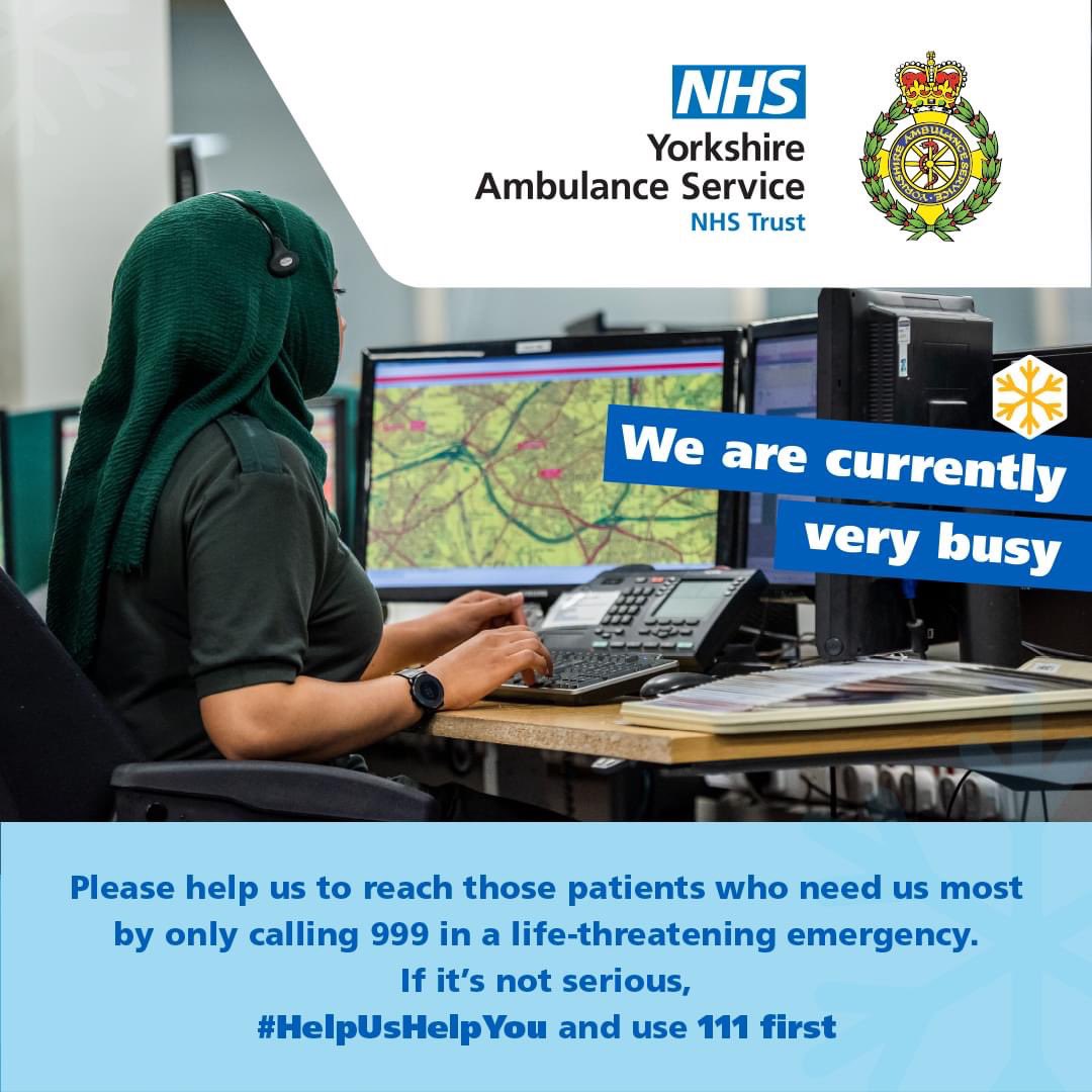 YAS_ElliottC's tweet photo. Whilst myself or a colleague receive a call about a sprained ankle, we could be passing life saving CPR instructions over the phone. 9️⃣9️⃣9️⃣ is for immediate life-threatening emergencies. Contact NHS 1️⃣1️⃣1️⃣ for urgent medical needs and advice. #HelpUsHelpYou @YorksAmbulance https://t.co/i2nkMulqgx