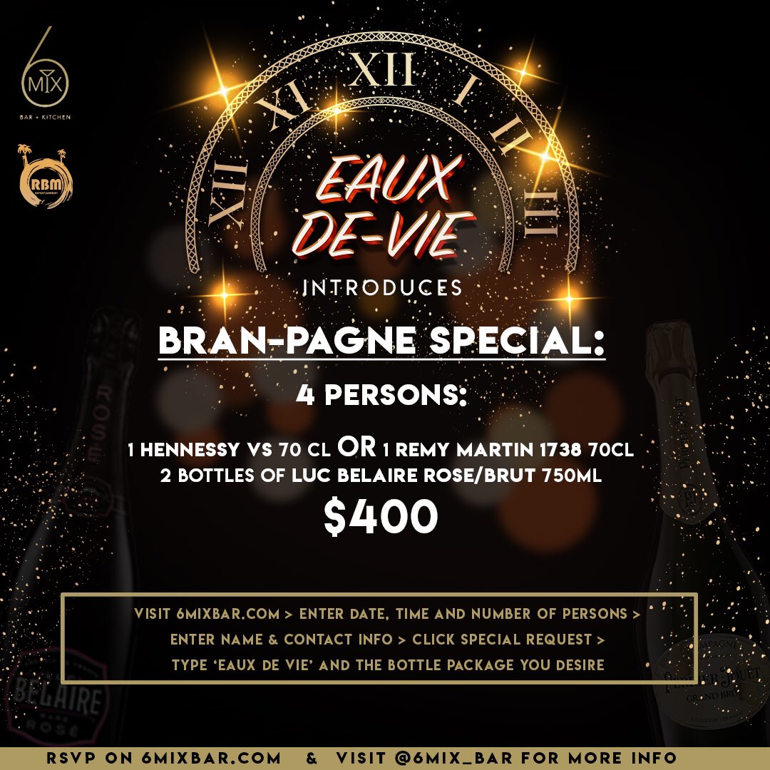 imDanger_Russ's tweet photo. Bran-pagneeeee! 😬 #EauxDeVie NYE Bottle party specials just got even better! 🍾🎉

Level Vibes will also be there to rock the party! 🎉💃🏾🕺🏾

Remember to RSVP to guarantee entry. Limited spaces remaining! #GetInDaMix #RBMinc https://t.co/kYGhLCjTzP
