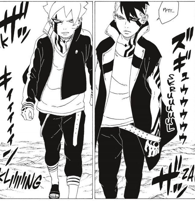 2- La différence entre Boruto et Kawaki.Les deux ont le kama au meme endroit et pourtant ils n'ont ni les memes motifs ni la meme couleur qui apparaissent sur leur bras après l'ellipse. Ca prouve qu'ils n'ont pas le kama du même Otsutsuki.