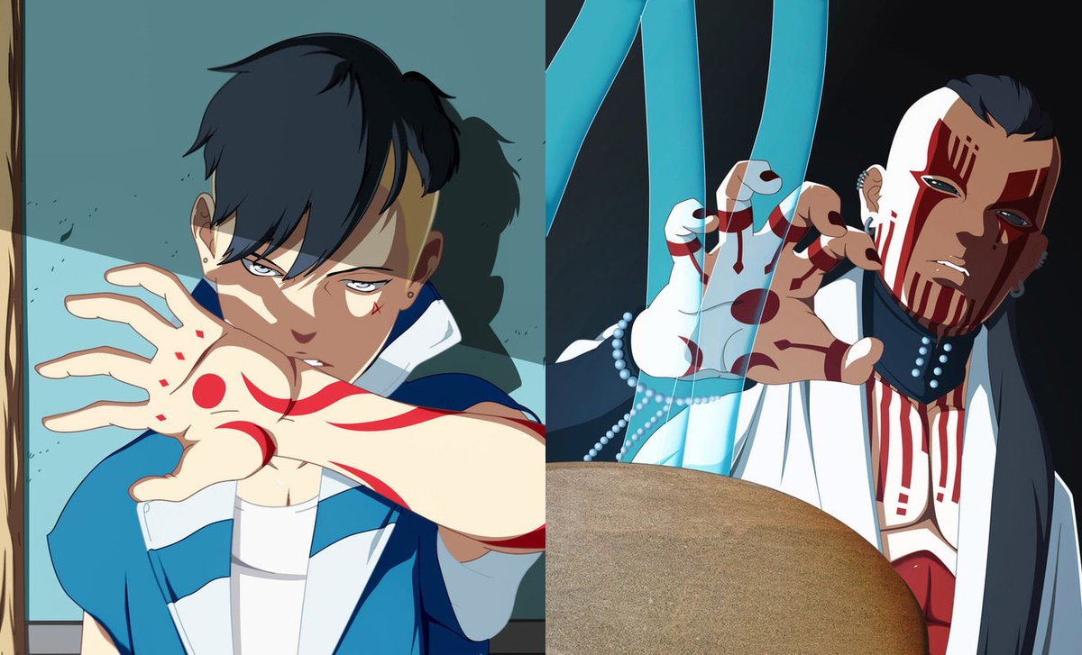 Pour ceux qui diront que Jigen et Kawaki n'ont pas les mêmes motifs alors quils sont tous les deux receptacles de Isshiki, cest juste la position du kama qui fait la diff. Jigen l'a sur le menton, ca se repand différemment sur son corps.