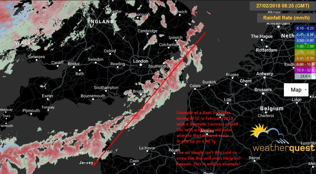 MetJam_'s tweet photo. Wintry showers do look to be the theme over the next week for especially those in Kent/Essex with E/NE'ly winds off the sea causing showers to pop up. Small chance for a 'streamer' to set up in Kent but they are bloody difficult to do so I'd expect only the showers!

#ukweather https://t.co/umOCnyRbps