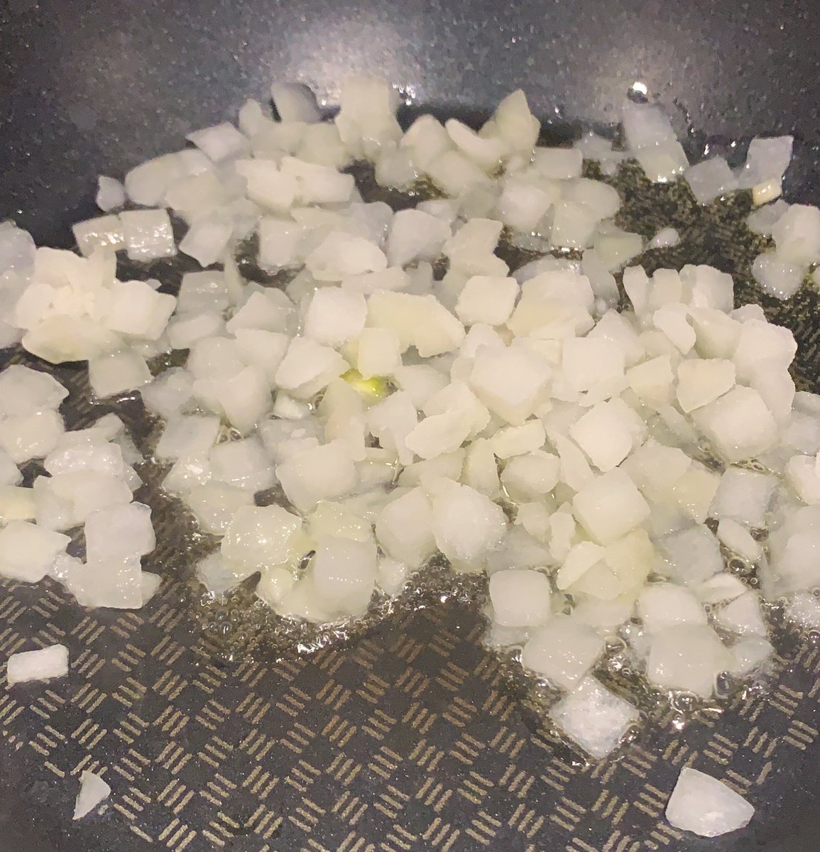  Step 9:I’m using chicken to accompany. I’d prefer lamb but I ain’t got any Chop onion finely, oil in the pan and fry, and a teaspoon of turmeric once soft and browning and fry for a further minute with a bit of garlic