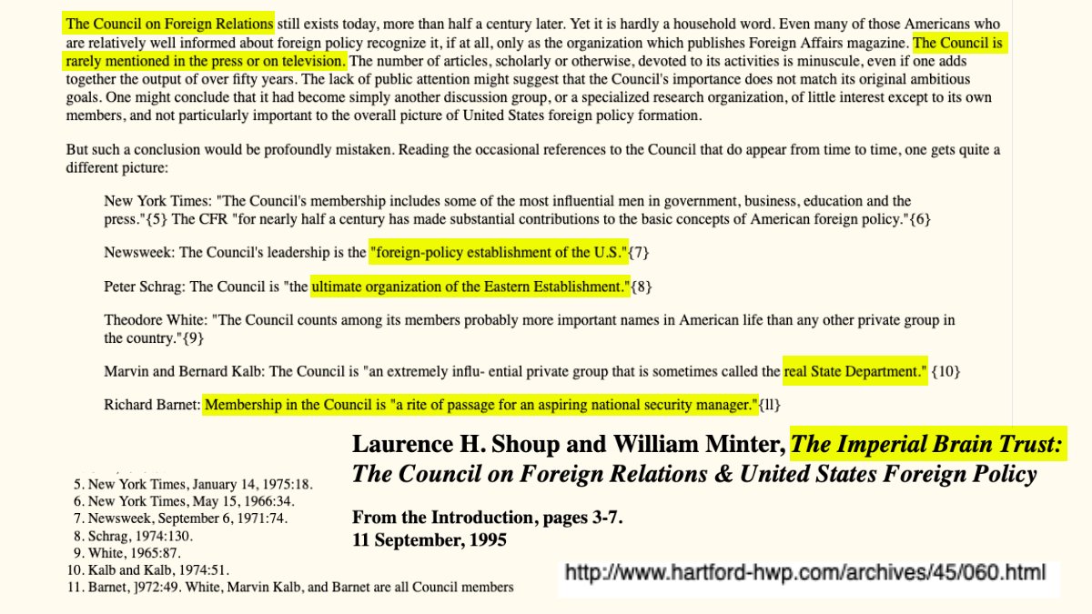 5 of 37The CFR has been called the "real State Department," as it effectively controls US foreign policy.Many patriots know of the CFR as the nerve center of America's Deep State.Few are aware, however, that the CFR is a front for British interests. http://www.hartford-hwp.com/archives/45/060.html