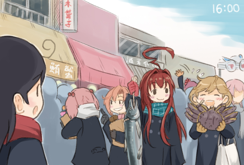 oboro (kancolle) ,sazanami (kancolle) ,ushio (kancolle) multiple girls pink hair crab coat scarf ahoge twintails  illustration images