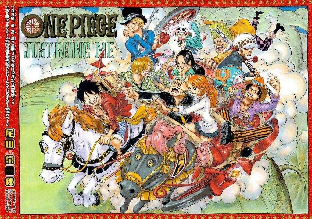 À partir de maintenant on passe sur quelque chose de moins connue des « simples » fans.Colorspread du chapitre 771, Luffy y est représenté avec plusieurs de ses Nakamas sur deux chevaux. On y voit Ace passer une pomme rouge à Sabo.6/20