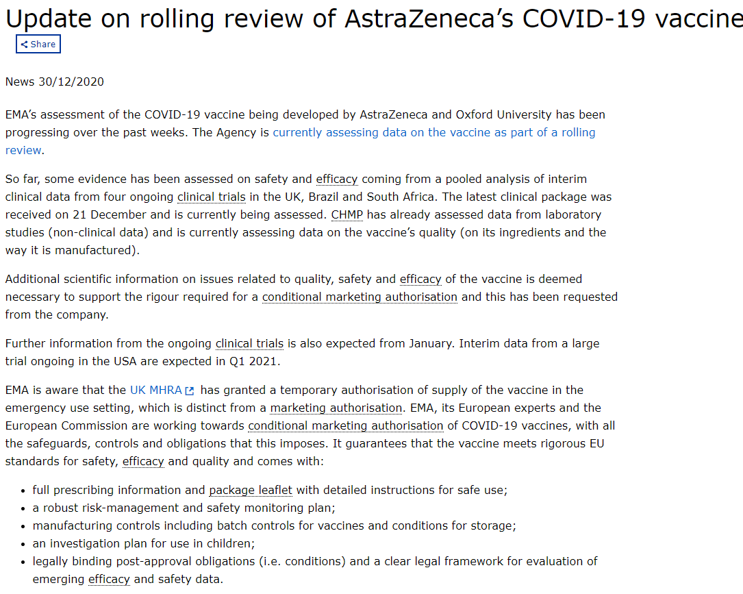 EMA put out a blunt press release today "Additional scientific information related to quality, safety and efficacy of the vaccine is deemed necessary to support the rigour required for a conditional marketing authorisation and this has been requested"/5 https://www.ema.europa.eu/en/news/update-rolling-review-astrazenecas-covid-19-vaccine