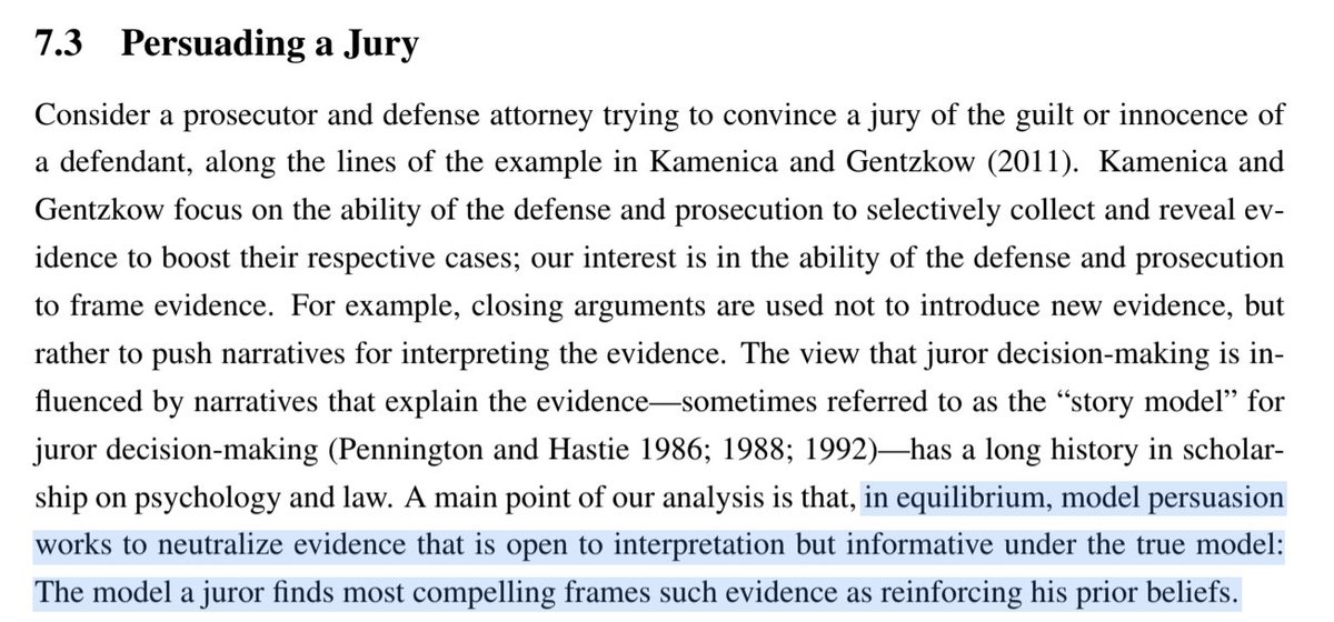 If a persuader tries to get a receiver to adopt a new model of the world (e.g. stock price or startup success prediction), they are constrained by the receiver's prior and the data: new model needs to be more plausible than the old model and therefore cannot be too "unusual" 3/