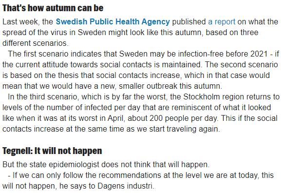 There were 3 future scenarios: 0) covid would disappear (!) 1) small outbreak 2) a wave like in spring. They said 2 was unlikely if social contacts and travelling didn't increase. But of course they would! Eg. unlike in spring, all schools would be open. https://twitter.com/VirpiFlyg/status/1276142335265562625