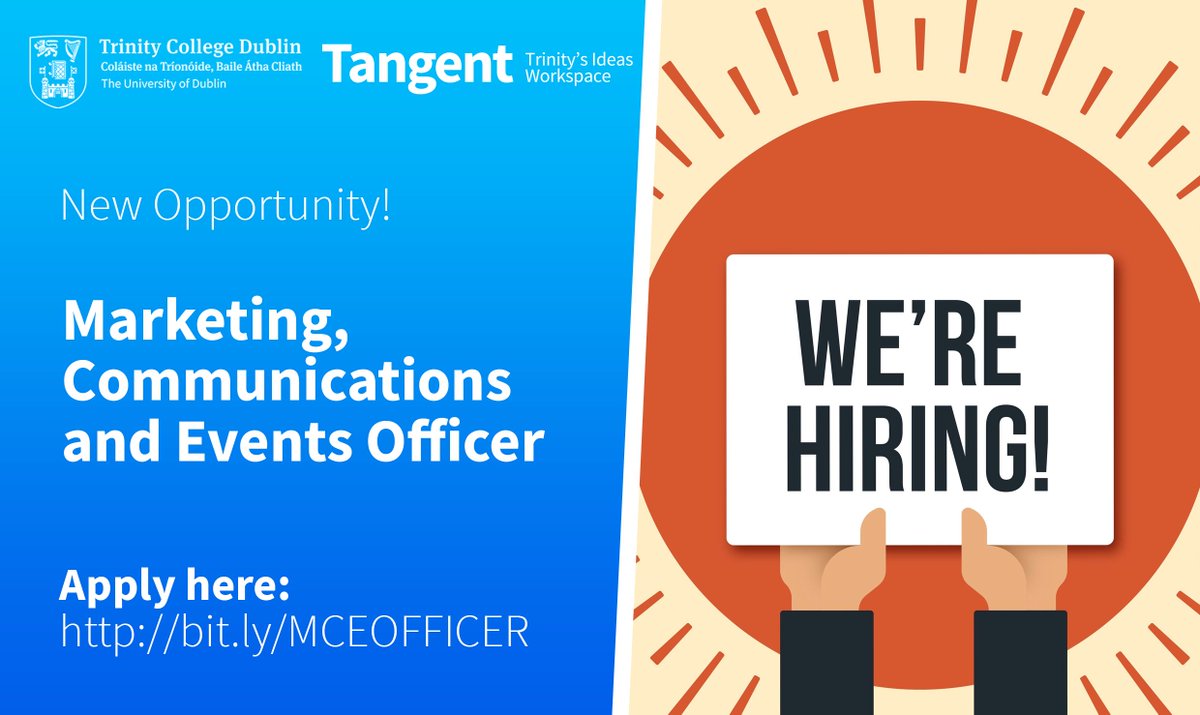 Excited to share this new opportunity! 
✨📣

Tangent, Trinity’s Ideas Workspace are recruiting for a Marketing, Communications and Events Officer. 

Check out the link below and join our team! 

bit.ly/MCEOFFICER