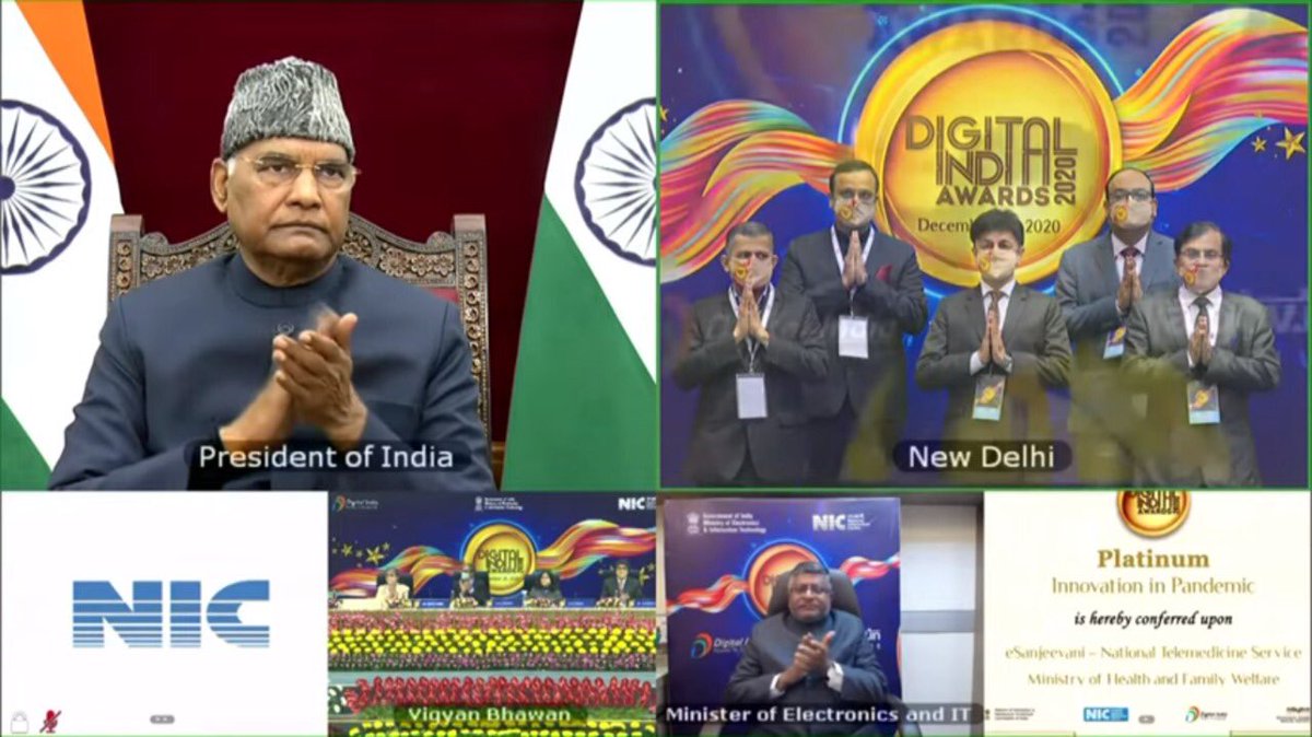 drharshvardhan's tweet photo. A proud moment for the entire team!
@MoHFW_INDIA has been conferred the Platinum Award by Hon'ble President Sh Ram Nath Kovind Ji under ‘Digital India Awards 2020’ for promoting e-Sanjeevani Telemedicine during the pandemic to ensure uninterrupted provision of healthcare services https://t.co/faDRIGPEvi