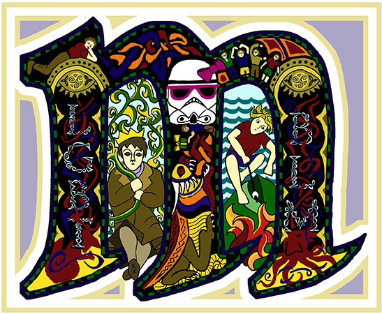Create an illuminated medieval manuscript showing the Lord of Mishrule at Gishmas.

#GISHMAS #item18