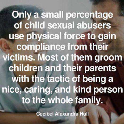 This is so true. The "stranger danger" mantra that we heard years ago is not usually the way sex abuse occurs. It happens by trusted individuals, people who are regularly in contact with our kids, and we most likely would never imagine this dark side.  #metoo    #churchtoo  #sexabuse