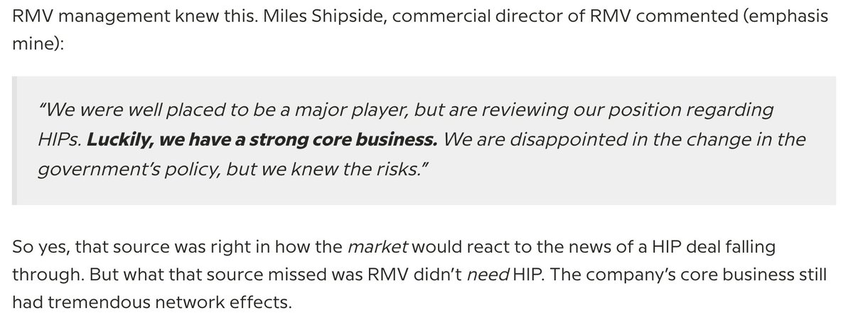 9/ Rely on Core Business, Not CatalystsThe UK govt halted HIP program. RMV’s $8.5M investment was worthless. The stock dropped 20% on the news and down 30% that week. Yet the core biz was growing 60% w/ expanding operating margins. Terminally, it's core biz that matters