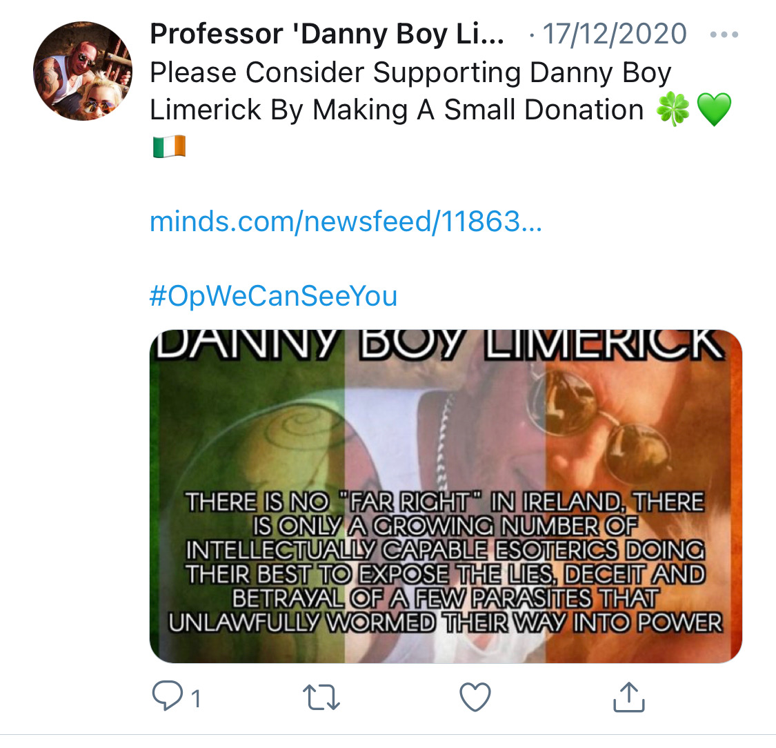 We were tagged in a post recently about the planetary minds of  #PatriotAnalytica, a self-styled “intelligence” wing of the far right NP’s online presence, primarily Michael Chopper O’Keefe, “Danny Boy” (Limerick), Gearóid Murphy (Cork), Cra!g Fitz (Dub), “Kelly” (Cork) & others.