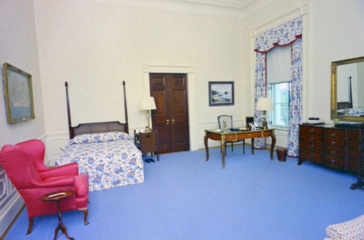 Nixon did not want his White House bedroom to look as it did under JFK or LBJ, so he changed furniture, layout, rug and curtains in 1969: