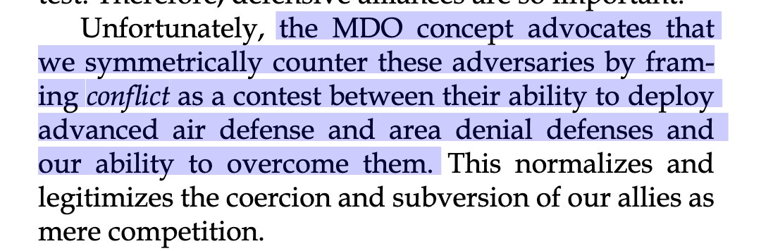 7. This point nails it: MDO points to the varied nature of the Russian/Chinese "threat" yet ultimately wishes to reduce it all to a conventional and symmetrical contest of weapons systems and military capabilities.