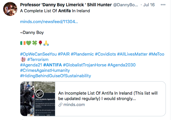 “Danny Boy” manages a poorly written and contrived list of names that  #PatriotAnalytica decide are part of a shadowy terrorist organisation. They’re not. A percentage are activists and most are women because he primarily targets women, people of colour and the LGBTQI+ community.