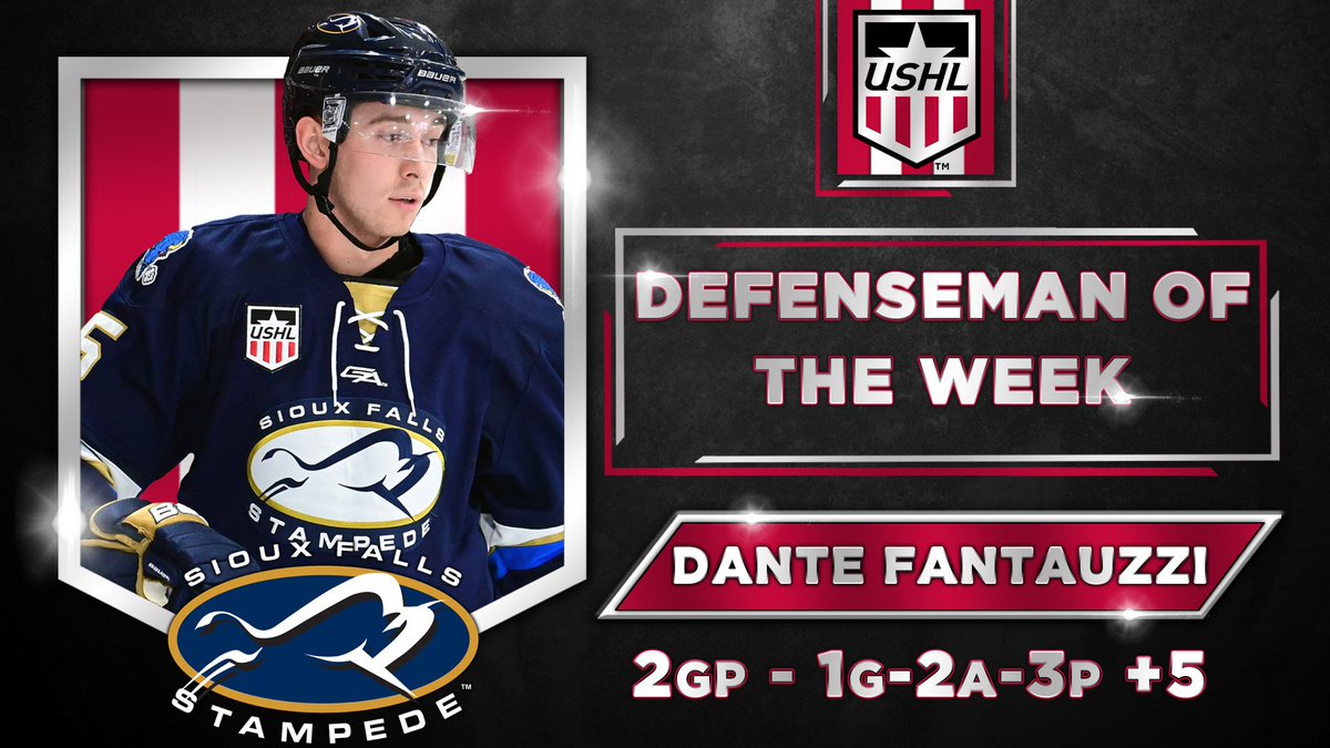 USHL's tweet photo. USHL Players of the Week (Week 8): 

F: @Sassonboy123 (@BlckHawksHockey | @WMUHockey)
D: @dantefantauzzi (@sfstampede)
G: Noah Grannan (Sioux Falls | @BadgerMHockey)

https://t.co/Y80GIQVjsY https://t.co/S0yEWjCSTb