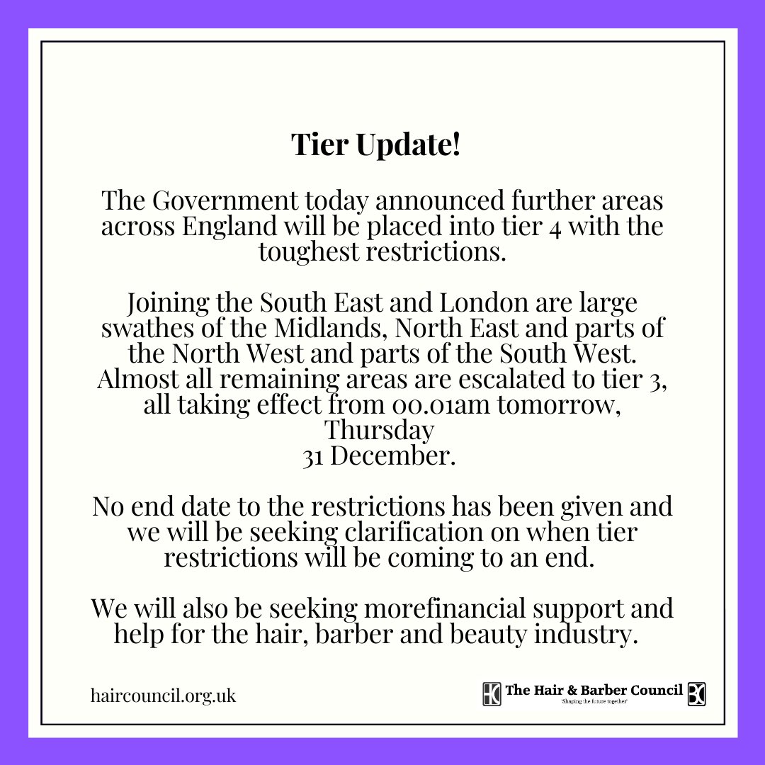 hairbarbcouncil's tweet photo. Latest update to tier restrictions taking effect from 00.01am tomorrow, Thursday 31 December. https://t.co/FRU3MxdnBu