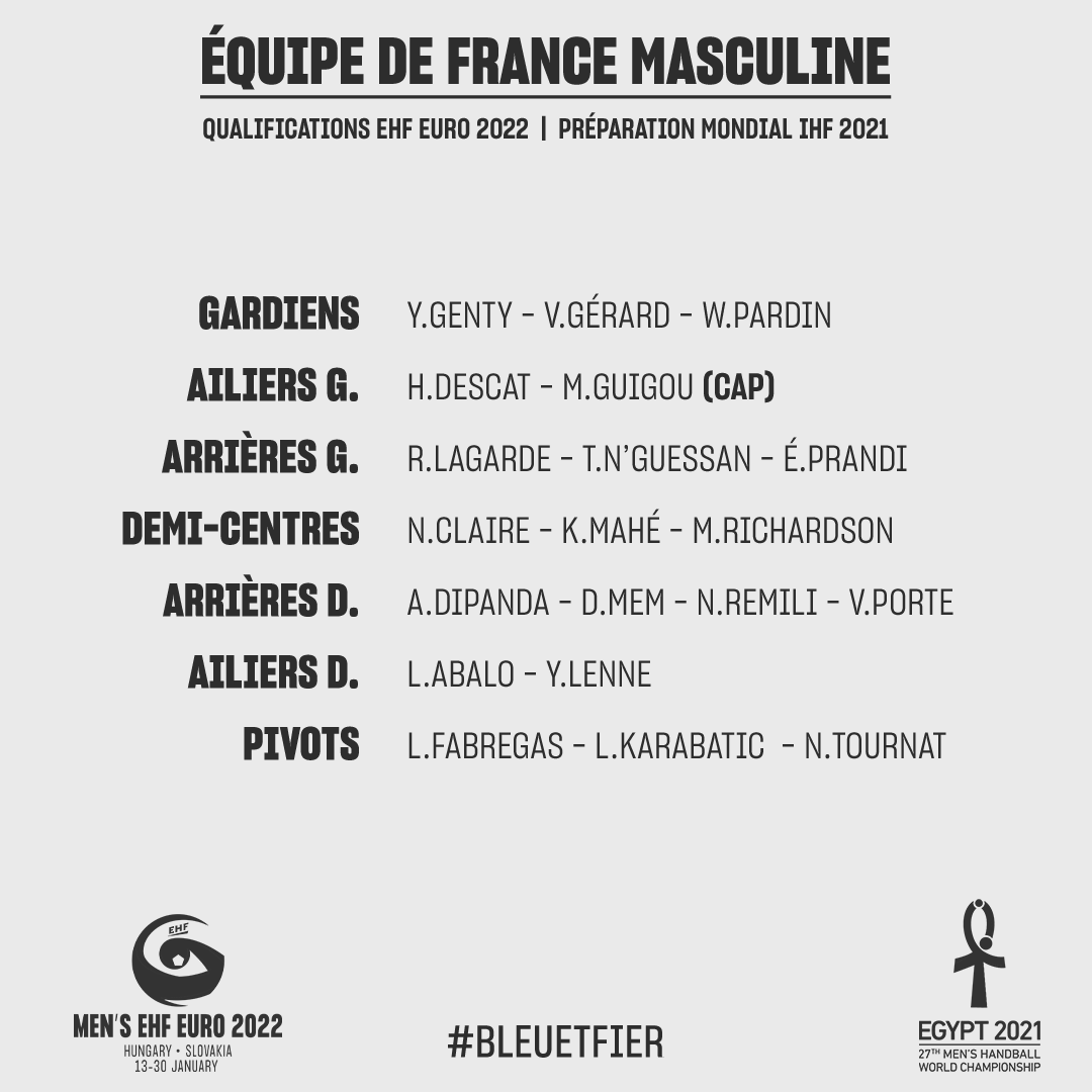 🚨🇫🇷 Guillaume Gille retient 20 joueurs pour la suite du stage de préparation au Mondial IHF 2021 et pour les matches de qualifications à l'EHF Euro 2022 contre la Serbie. 

Retrouvez toutes les informations sur notre site 📲 bit.ly/2KO0ieP 

#BleuetFier
