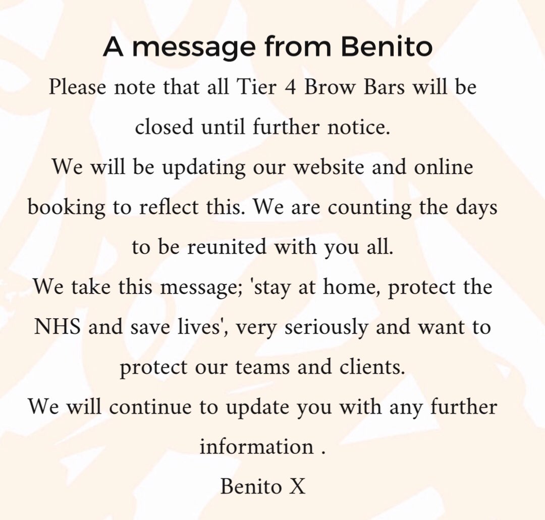 benitobrowbar's tweet photo. Please note our Liverpool Brow Bar will be open. Stay Safe Benito x https://t.co/pxURY93MI0