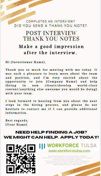 GrnCntryWorks's tweet photo. π‘π‘β
Jobseeker Tips β
π‘π‘
After a job interview, do you send a thank you note?
#workforcetulsa
#TulsaJobs
#Jobseekers
#Interviewtips https://t.co/kijh0PjOU2