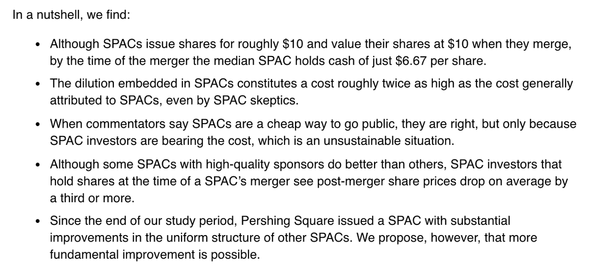 [THREAD] A Sober Look at SPACsSorry to rain on the SPAC parade, but it's important to understand the inherent shareholder disadvantages in the current SPAC structure: - Higher cost/dilution - Lower returnsGreat article from Harvard Law. Source:  https://corpgov.law.harvard.edu/2020/11/19/a-sober-look-at-spacs/