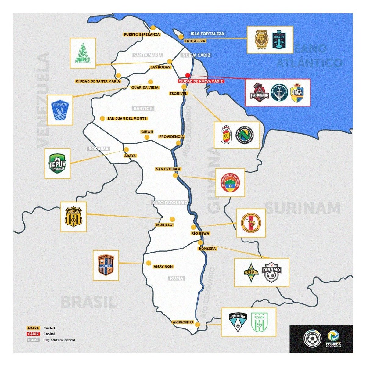 esequibia's tweet photo. 🗺️ EL MAPA DE LA PRIMERA DIVISIÓN DE ESEQUIBIA🗺️

Les dejamos un mapa de nuestro país con las principales ciudades y la ubicación de los 18 equipos que competirán en la primera división esta temporada. https://t.co/0TRHPEbuPZ