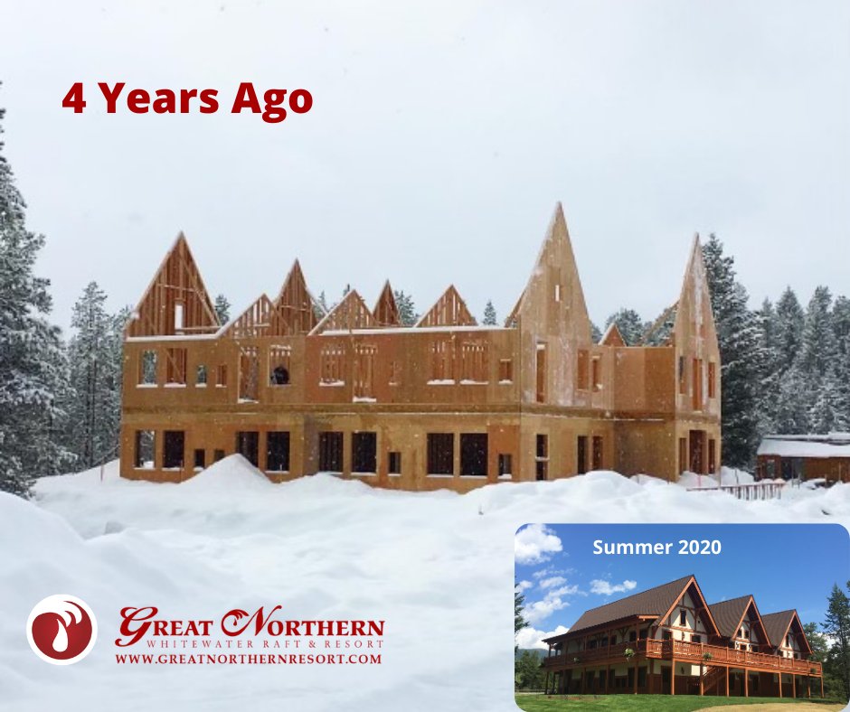 Ah, sweet memories! This is our Lodge under construction 4 years ago today! And a photo from this past summer! We would love to have you as our guest in 2021! 
Open May - Oct!

#swisschaletlodge #underconstruction #memories #glaciernationalpark #lodge #resort #vacation #Montana