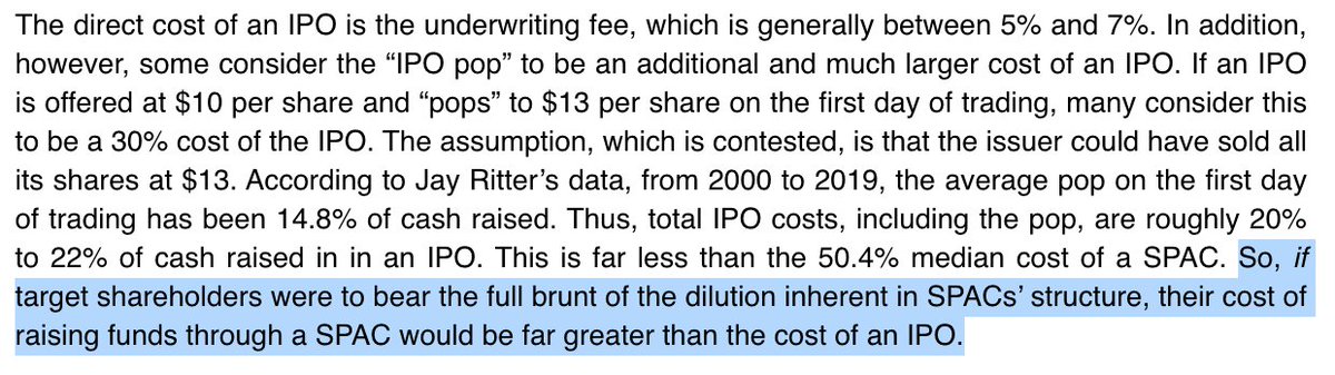 5/ SPAC vs. IPO Cost "If indeed SPACs are a cheaper way to go public than IPOs, it is only because SPAC shareholders are bearing the cost of SPACs and thereby subsidizing targets going public."While most think SPAC IPOs are cheaper than traditional ways, it's not always true!