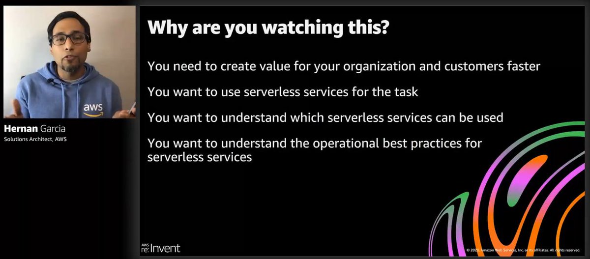  #HolidayCatchup  #reInvent: "Is your serverless application well-architected?" by the very engaging  @hernangarci. This one is close to my heart. Hernan goes through the value of why you would bother about well-architected serverless.  #serverless