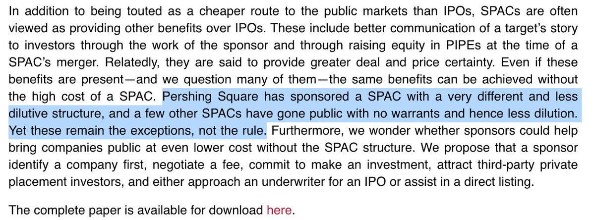 6/ How To Do SPACs Right @BillAckman's Pershing is the poster-child of a great SPAC IPO. "Pershing Square has sponsored a SPAC with a very different and less dilutive structure, and a few other SPACs have gone public with no warrants and hence less dilution."Hope this sticks
