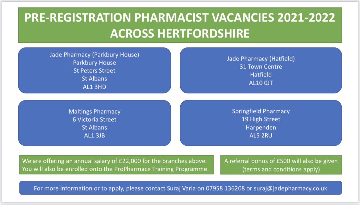 SurajVaria's tweet photo. Come and join the jade Pharmacy group on a joint programme with General Practice or 12 months in community pharmacy! Posts available across London and Herts https://t.co/dNI2xs5Ka0
