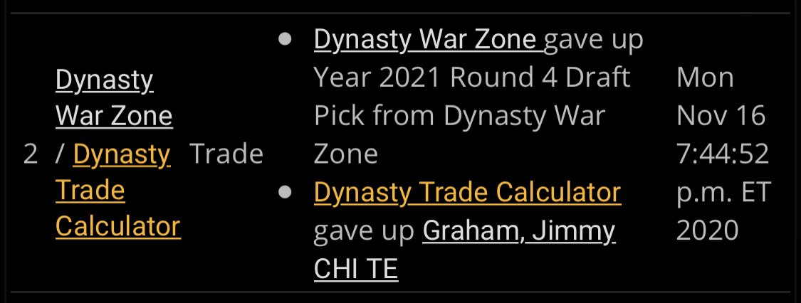 Jimmy for a 4th. Actually funny story. I’m jostling for last place. Somehow I’m winning games. I’m down 8 points with Jimmy left in TE premium.  @DWZMemphis out of the blue offers me a 4th for Jimmy. I snap accept, take Jimmy out of my lineup and ensure the loss. Hyped.