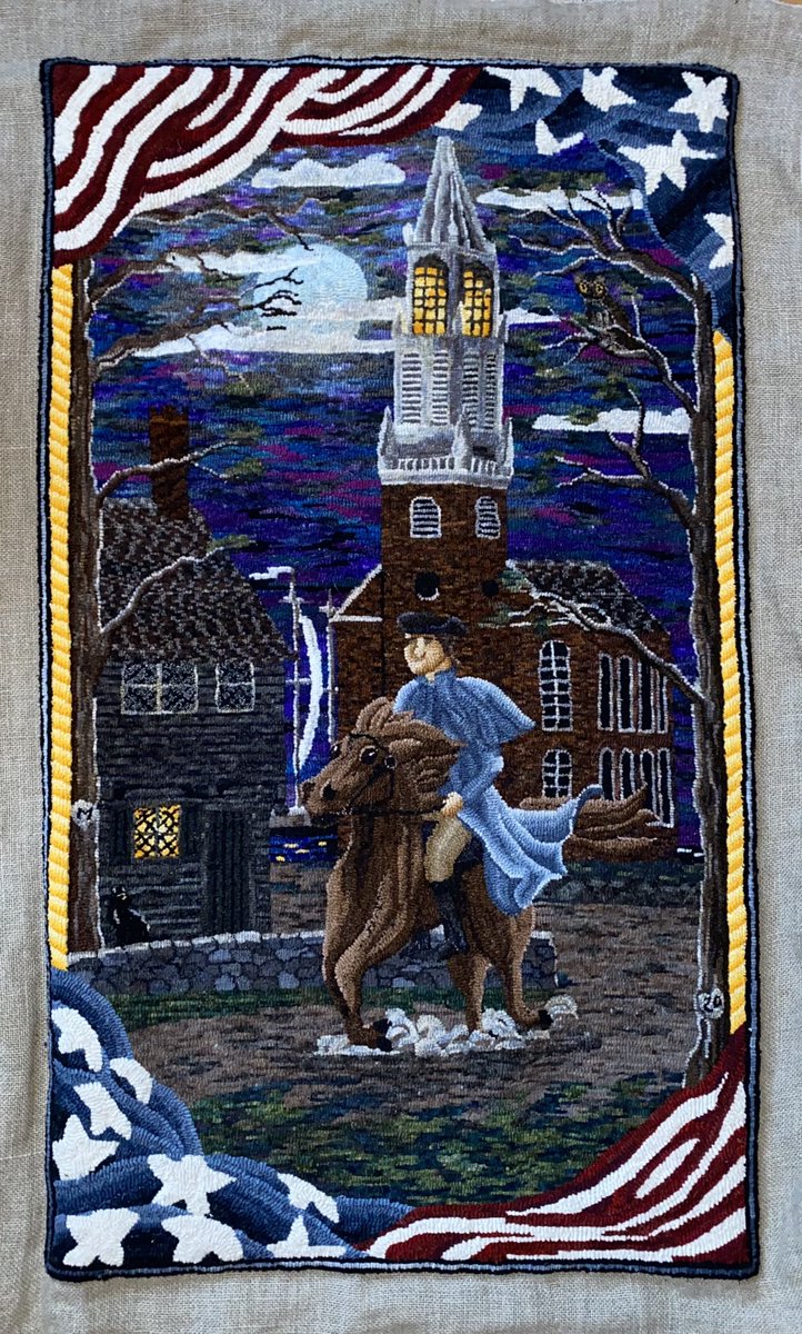 melissamck65's tweet photo. An original piece of fibre art that I designed. The Midnight Ride
Rug Hooked on linen 23x39 inches 3 and five cut. Took 11 months to finish @PaulRevereHouse @BostonArchives @OldNorth1723 https://t.co/YnSIDqFCS0