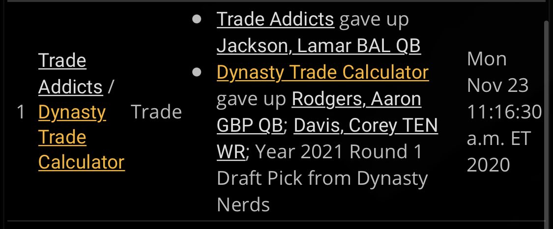 This whole time I’ve been sitting on Rodgers. He’s on my try to trade list, but I got zero real bites so I waited. My first “upgrade” of my rebuild. Preseason this offer woulda gotten laughed at. I figured time to buy low on Lamar. Sell high on Rodgers. Late 1st I can part with.