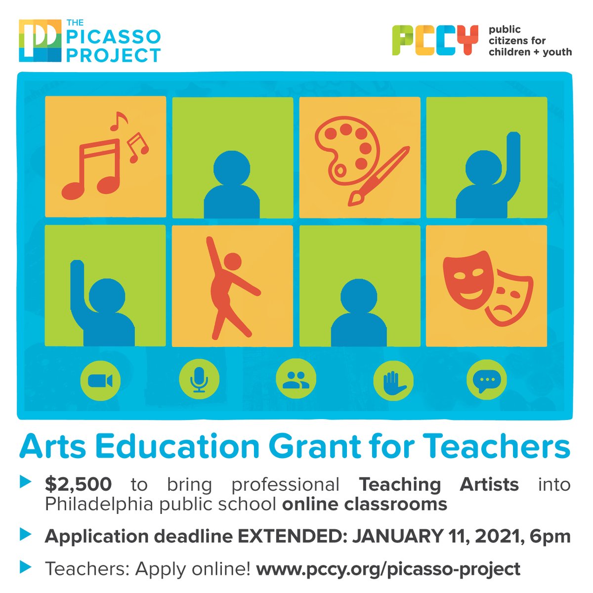 picasso_philly's tweet image. 📢GRANT DEADLINE EXTENDED to 1/11/21! #PHLed Teachers: There is still time to apply for a #PicassoProject grant to bring a teaching artist to your online classroom. Application deadline has been extended to Jan. 11 &amp;amp; takes less than 1 hour to complete: pccy.org/initiatives/pi…